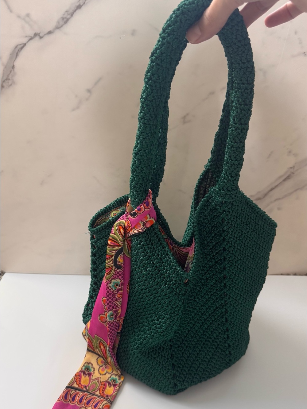 Handwoven Deep Green Crochet Shoulder Bag with Pink Scarf Accent